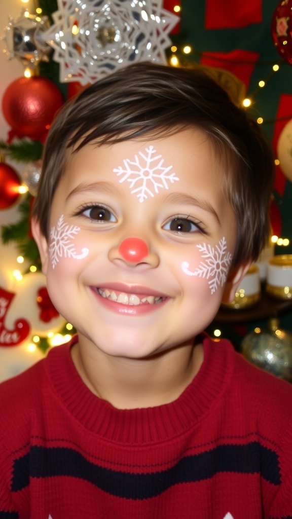 A happy child with Christmas-themed makeup, showcasing a snowflake design and a festive spirit.
